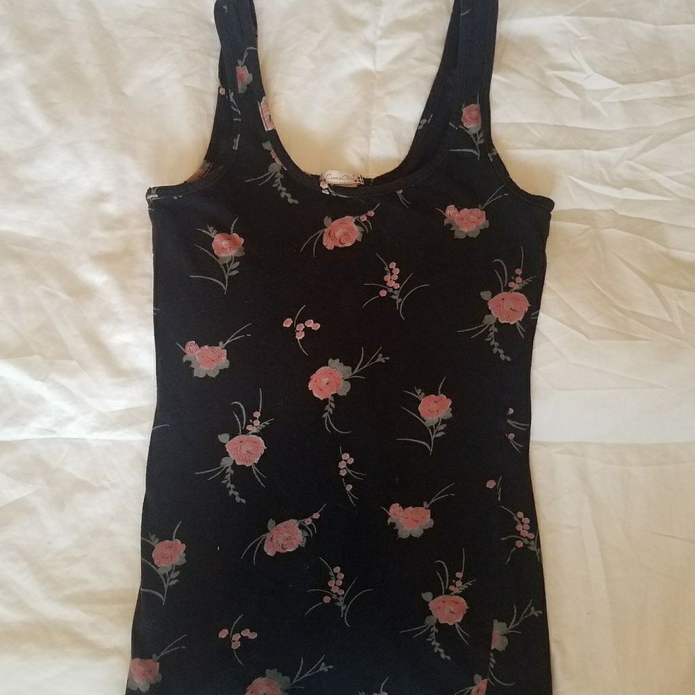 Black and Pink Rose Printed Fitted Tank